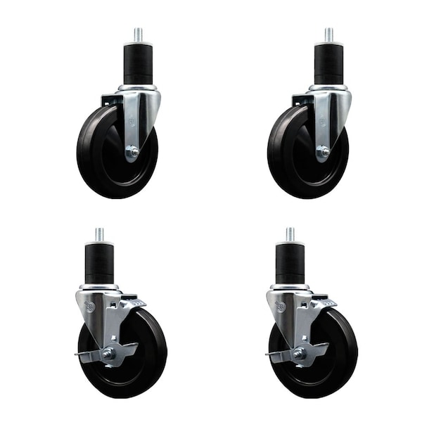 5'' Hard Rubber Wheel Swivel 1-3/4'' Expand Stem Caster Set 2 Brakes, 4PK